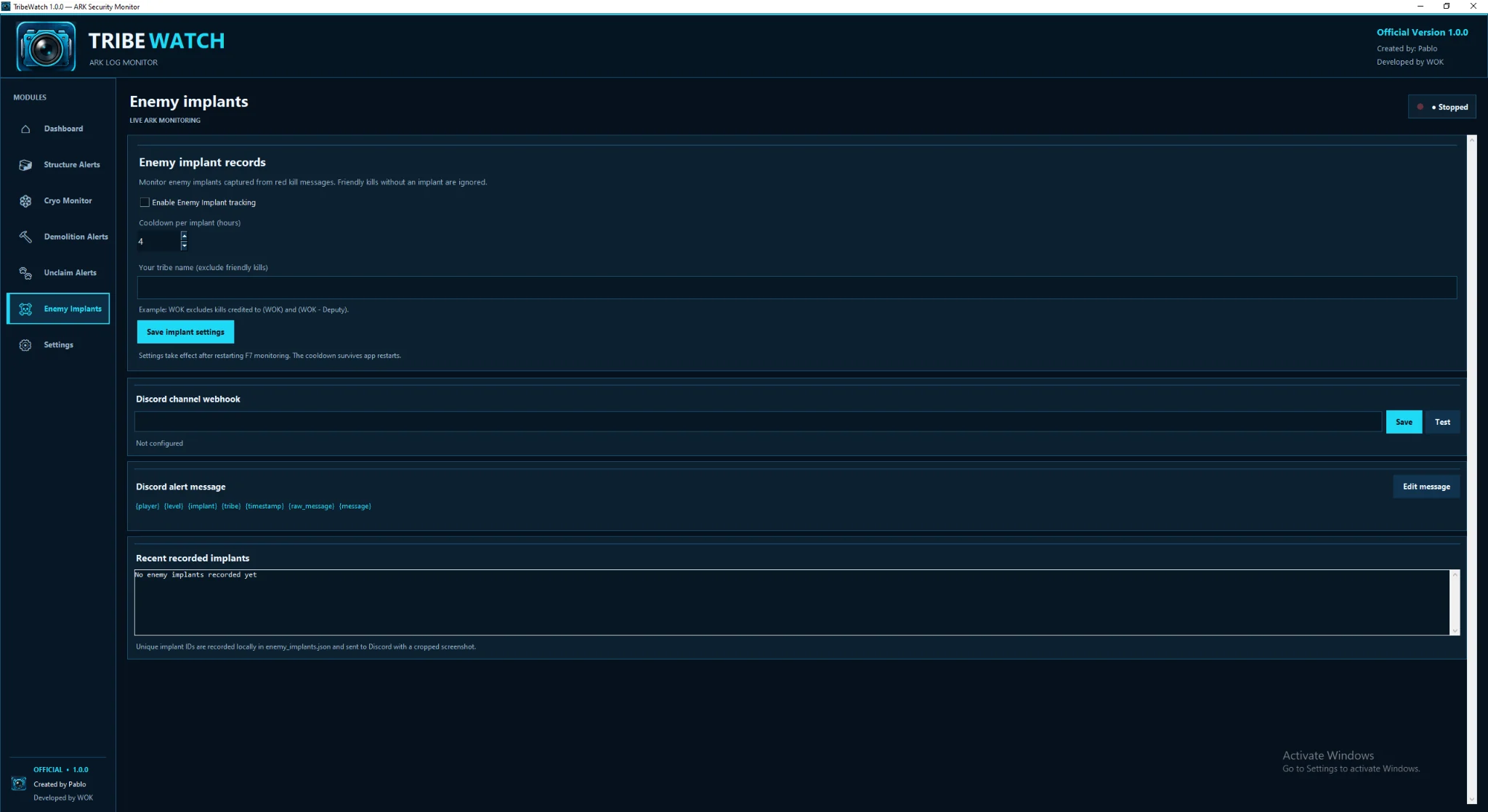 Enemy Implants module showing cooldown and friendly tribe exclusion controls