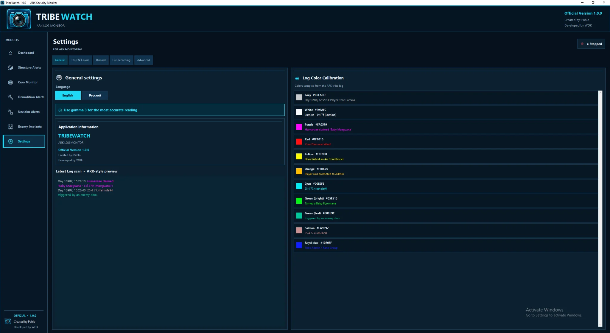 TribeWatch settings and OCR colors